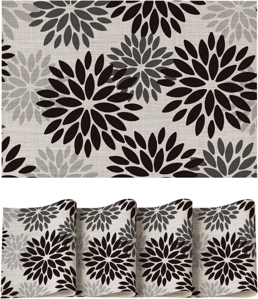 Schwarz Dahlien Halloween Pvc Platzsets 4Er Set, 30X45Cm Tischsets Schmutzabweis-image