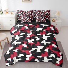 Boys Camo Comforter Set 7 Pieces, Army Camouflage Bed in Queen Red Black White