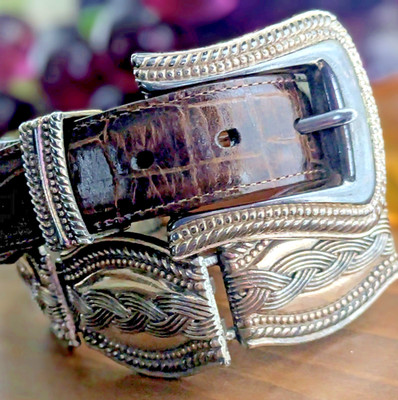 BRIGHTON Women's Western Concho Belt Medium Silver Links Embossed Leather '90's