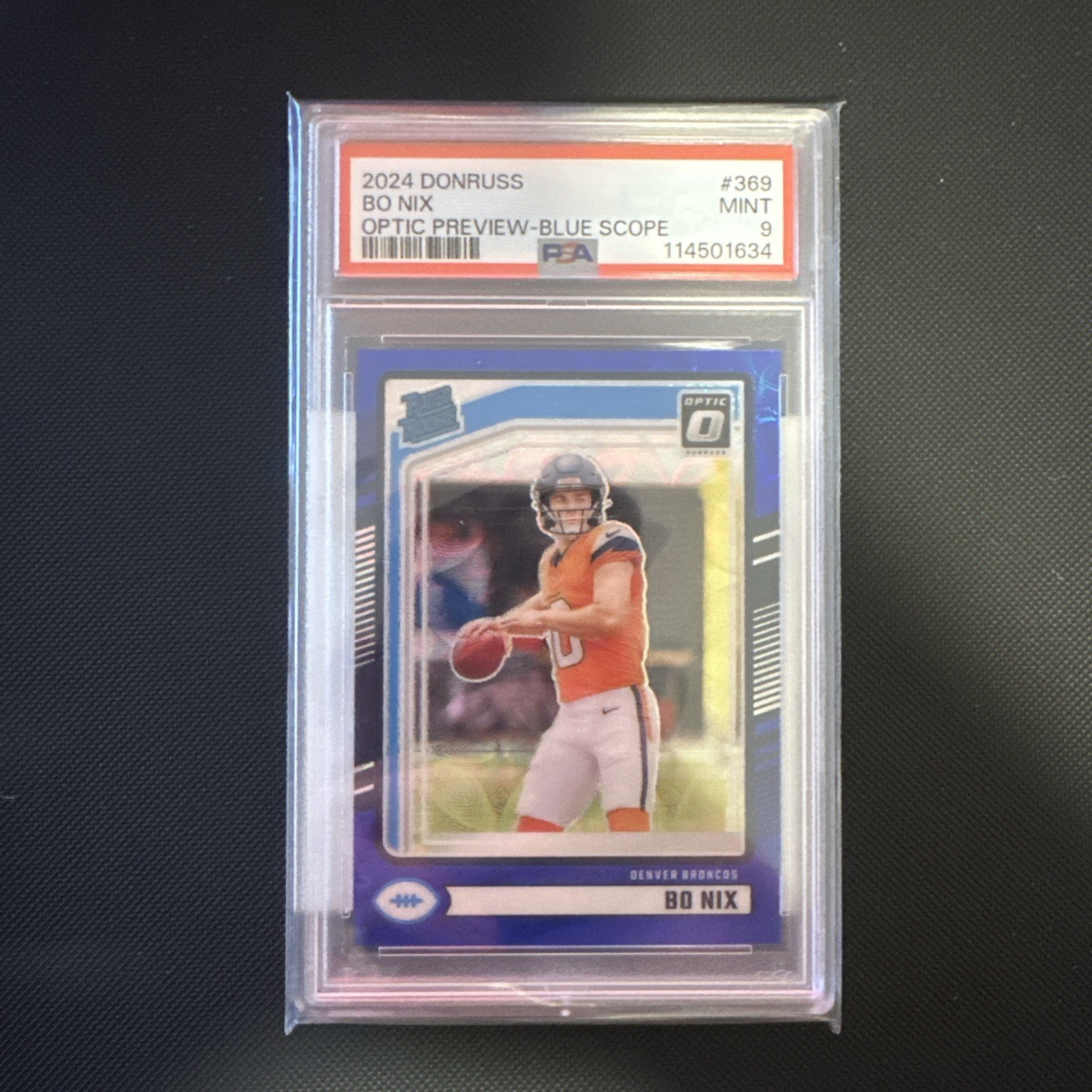 2024 Panini Donruss Rated Rookie Bo Nix #209 Optic Blue Scope Prizm RC PSA 9