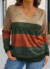 PLUS SIZE 22 24 MULTICOLOUR STRIPED V NECK T SHIRT TOP  STRETCH LONG SLEEVE