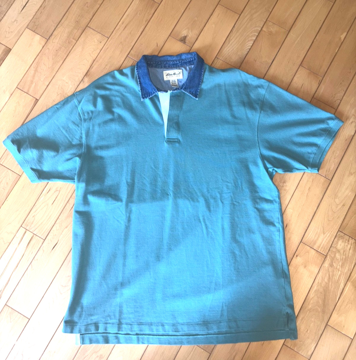 Vintage Eddie Bauer Polo Shirt Mens XXL Green Denim Collar 90s