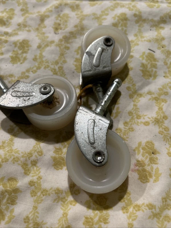 3 vintage plastic furniture casters - 1.5” pin & 1 5/8” diameter white wheel