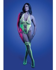 Plus Size Teddy Bodysuit Queen Paradigm UV Reactive Halter Teddy Neon Green