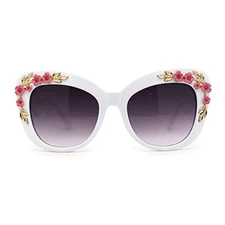 Womens Metal Flower Foliage Jewel Brow Trim Oversize Cat Eye White / Smoke