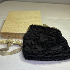 Vintage Walborg Beaded Black Handmade Handbag 50s Clutch Purse Gold Chain W/ Box
