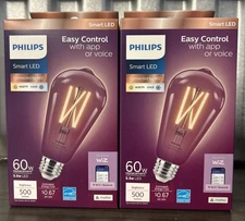2 Pack Philips Smart Light Bulb 60w  WIZ Wi-Fi + Bluetooth LED Filament