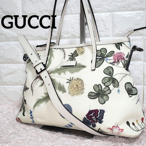 GUCCI Floral Kris Knight Shoulder Hand Bag Ziplock Leather Canvas Ivory Japan