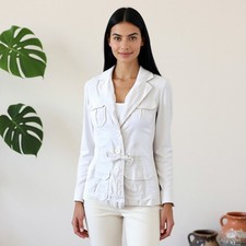 Marks Spencer Utility Blazer White Linen Blend Collared Long Sleeve US 6