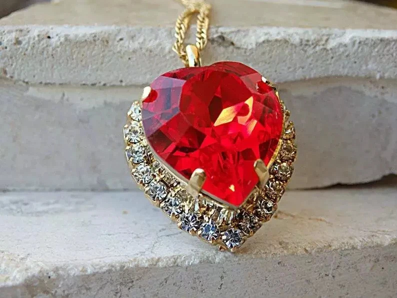 3Ct Simulated Red Ruby Heart Cut Women's Pendant 14k Yellow Gold Plated Silver - Image 3 of 4