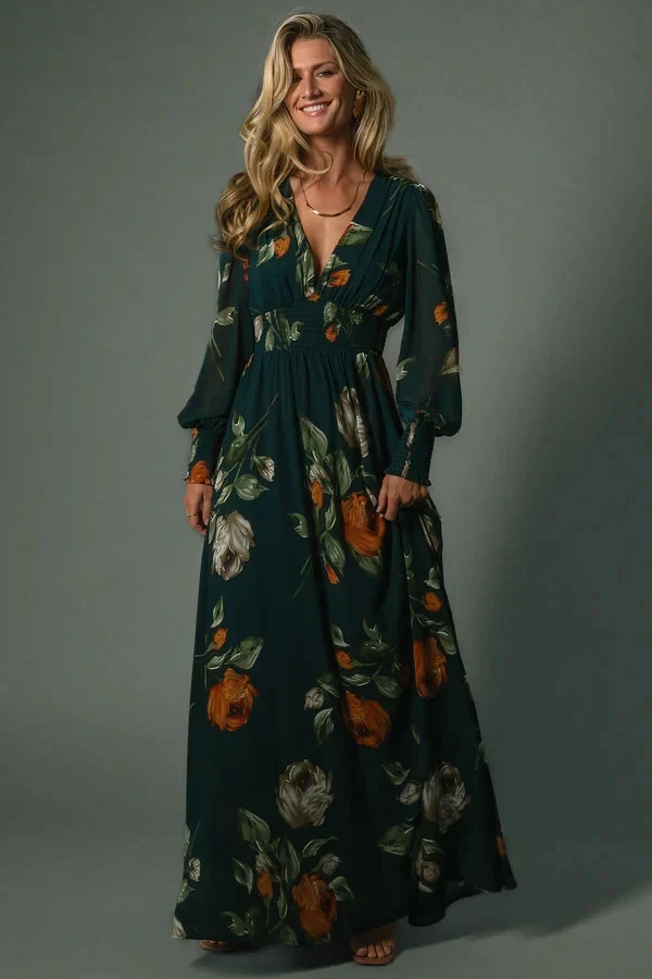 Baltic Born Olivia Maxi Dress Womens 1XL Dark Topaz Floral Smocked Chiffon - Image 2 of 4