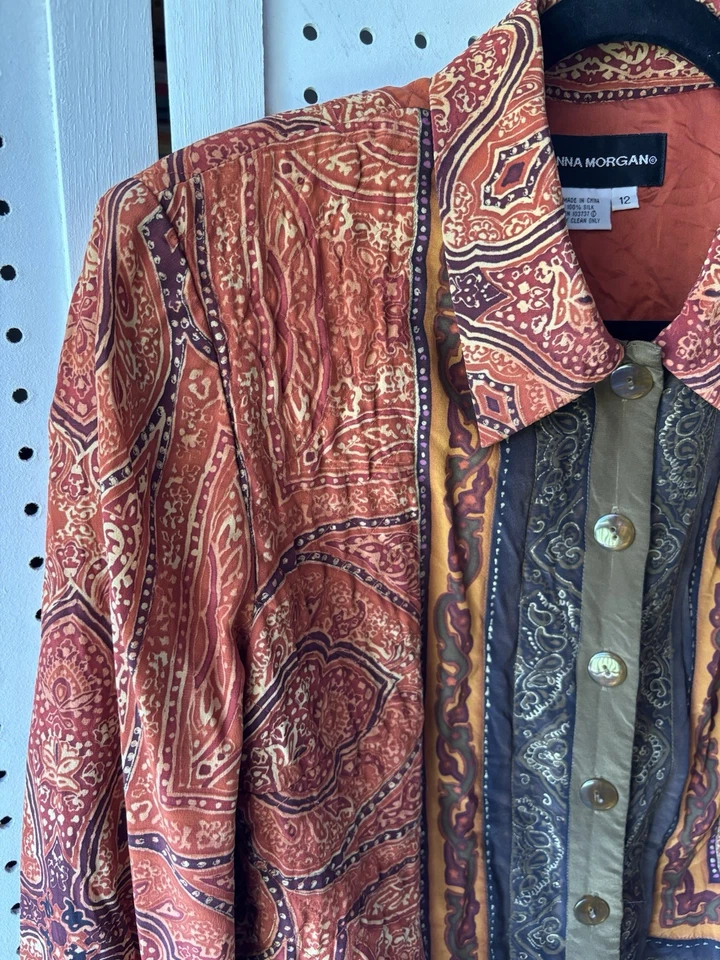 复古 Donna Morgan 100% 真丝女式 12 M/L 码纽扣前外套夹克 — 第 3/4 张图片