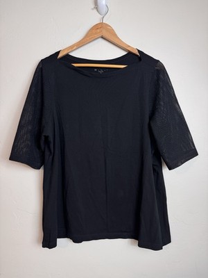 E.L.I Women's XL 3/4 Mesh Sleeve Black Pima Cotton Top Quiet Luxury Old Money