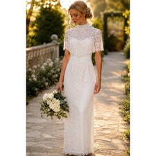 Vintage White Lace High Neck Wedding Dress Short Sleeve Column Gown Made in USA