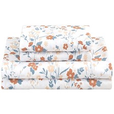 Floral Twin Size Set, Orange Flower Printed Bed Sheets for Girls, 3-Piece Mic...