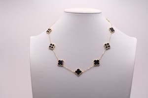 Authentic Gold Plated Sterling Silver Black Onyx Four Leaf Clover Necklace 18in
