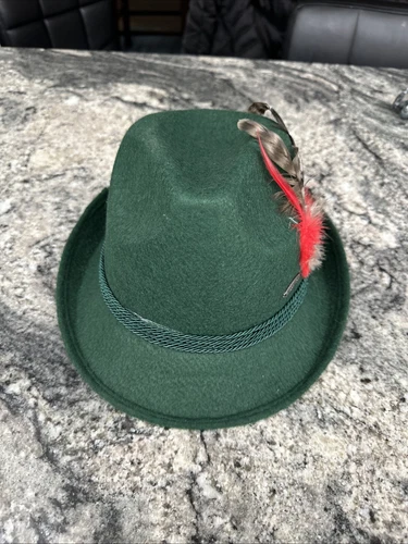 Bavarian Alpen Hat Green Felt Oktoberfest Feather Rope Band Fedora - Size Large