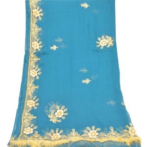Sanskriti Vintage Dupatta Long Stole Blue Pure Chiffon Embroidered Scarves