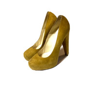Brian Atwood Suede Heels Hidden Platform Tan Brown Leather Chunky Size 36 Shoes