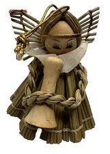Straw Angel Wood Christmas Ornament Hand Crafted Folk Art