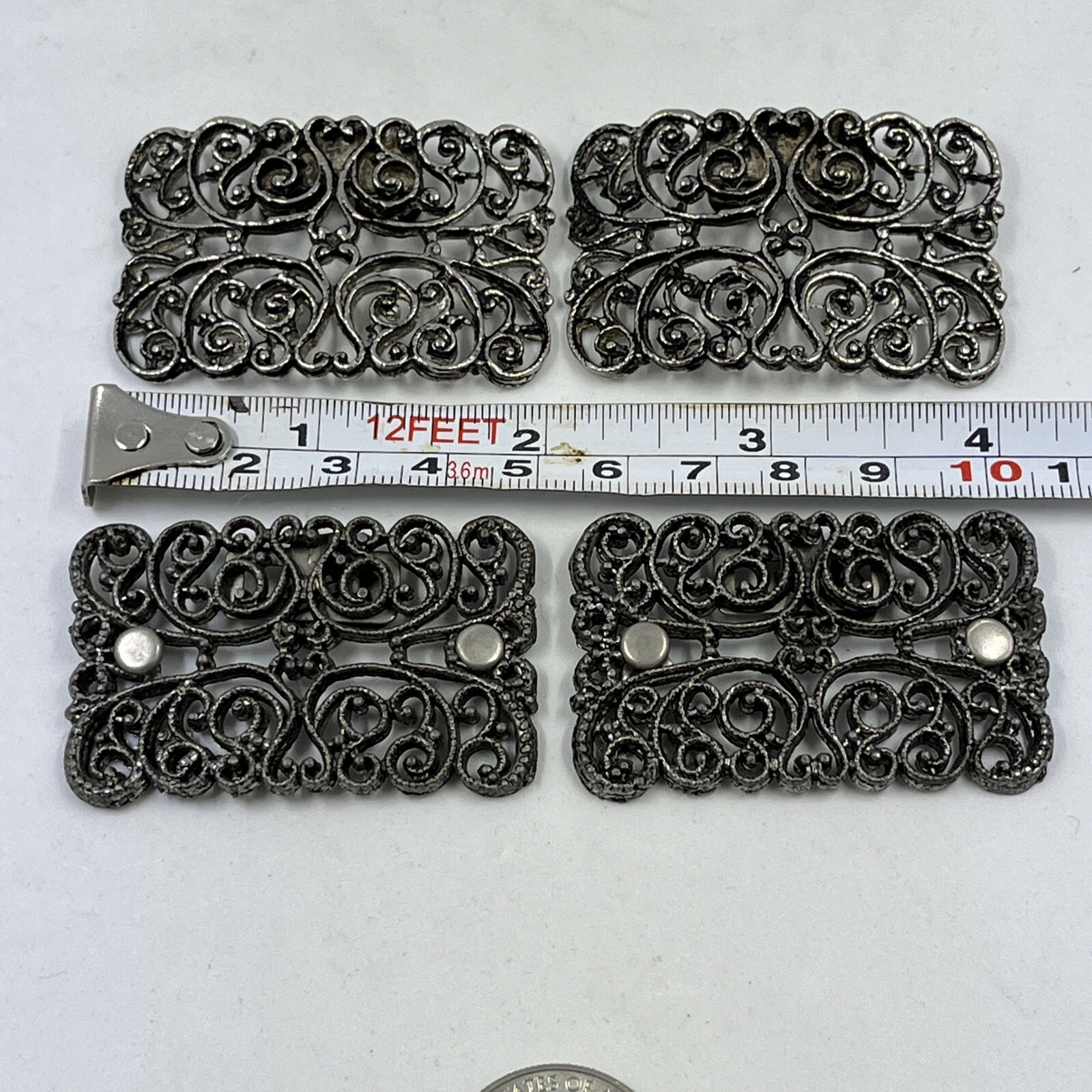 Vintage Silver Tone Ornate Shoe Clips Buckle Metal Pair Rectangle Set Of 2