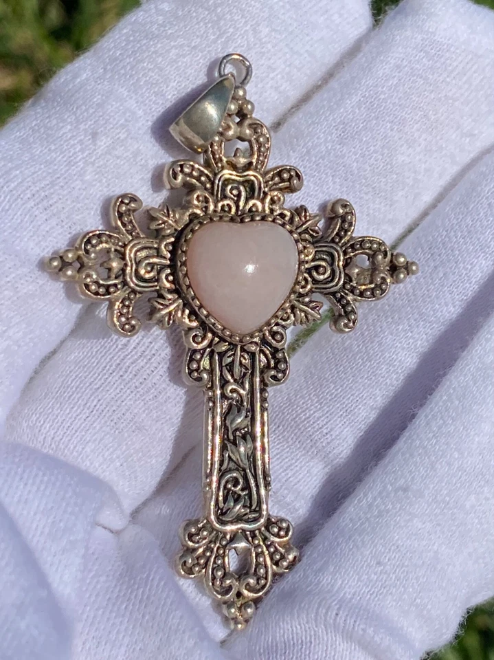 "Collar colgante de plata de ley 925 BBJ grande cruz con cuarzo rosa 2,5""+" Foto 2 de 4