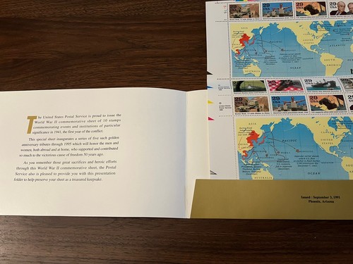 WWII 50th Anniversary Commemorative Stamp Set Full Double Sheet With Folder - Picture 2 of 2