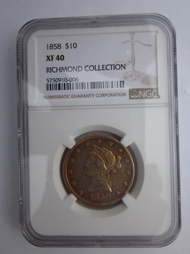 1858-P LIBERTY GOLD EAGLE $10 DOLLAR COIN NGC XF-40 2521 MINTAGE RICHMOND COLLEC