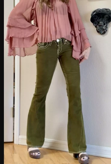 Calça Vintage True Religion Joey Big T Feminina Olive Bootcut Malha Lã Y2K 27/30 - Imagem 2 de 4