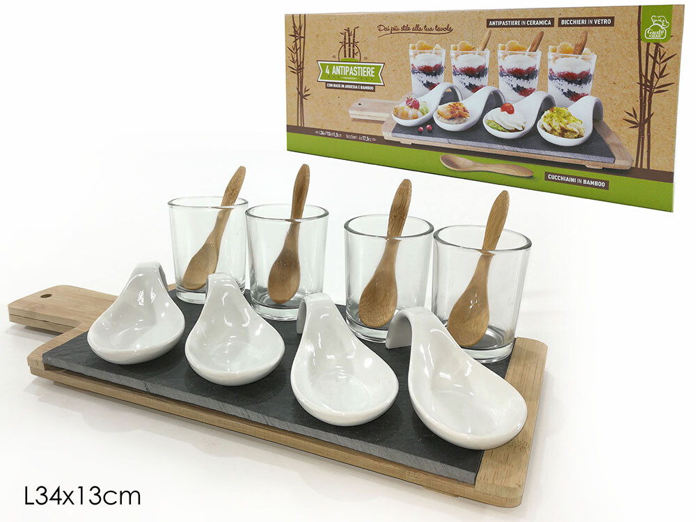 Set Aperitivo BAKAJI - 3 Ciotole Ceramica + 3 Bicchieri + Vassoio Legno, Design Moderno
