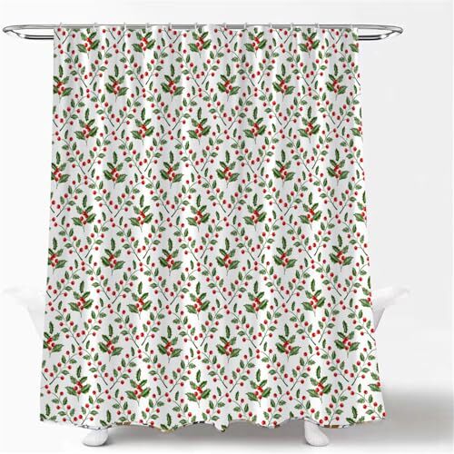 Christmas Shower Curtain Red Green Holly Berry Leaf 70"W x 70"H