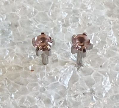Vintage Estate Costume Fashion Studex Usa Silver Tone Pink Rhinestone Earrings