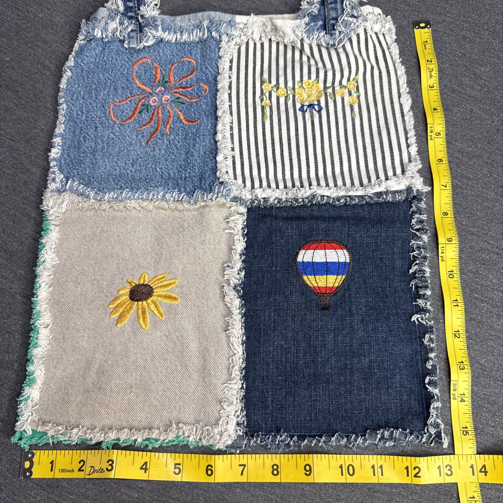 Handmade Denim Patchwork Tote Bag Embroidered Flo… - image 3