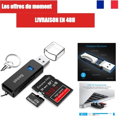 Beikell Lecteur de Carte USB 3.0 SD/MicroSD Haute Vitesse Noir - Photo 1/4