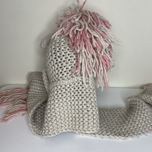 TACOBEAR Hat Scarf Girls OS Chunky Knit Unicorn Hand Warmers Pockets Fringe NWT - Picture 7 of 9