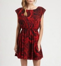 Alice + Olivia Corwin Rose Print Silk Dress XS Red Black Cap Sleeve