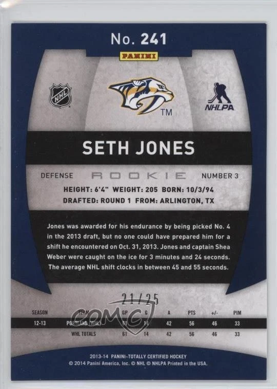 2013-14 Totally Certified Rookie Platinum Gold /25 Seth Jones #241 Rookie RC - Image 2 of 2