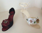 2 Miniature Shoes Decorative and Collectible One Ivory w/ Pearl Heel & One Black