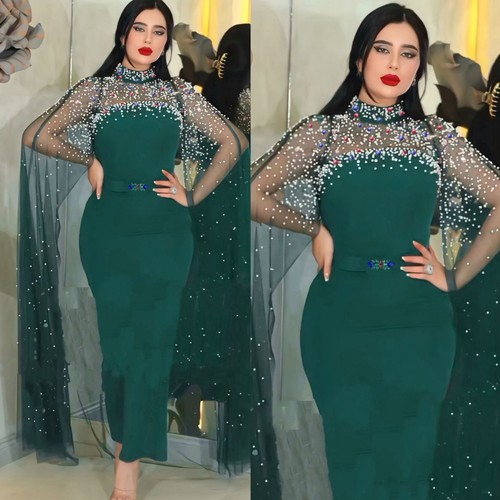 Vestido largo ceñido al cuerpo de noche con cuentas mangas de malla para mujer Abaya Dubai - Imagen 4 de 27