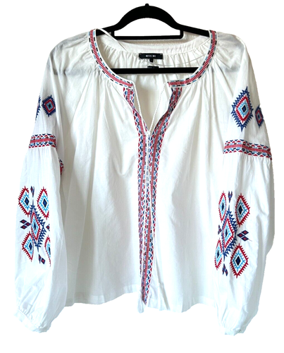 Miss Me Boho Blouse Heavily Embroidered PullOver Tassels Long Sleeve White L