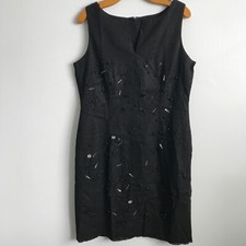 ISC WOMENS DRESS 12 Black Linen Sleeveless Shift Classic Beaded Dressy Dinner