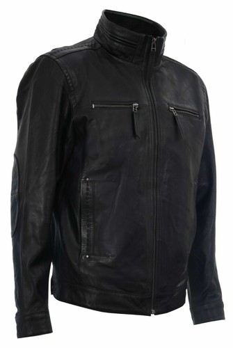 Men's Vintage Black Retro Casual Zipped 100% Leather Racing Biker Moto Jacket - Picture 2 of 5