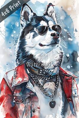 #ad Dog Siberian Husky in rockabilly outfit watercolor Art 4x6 Print $8.40