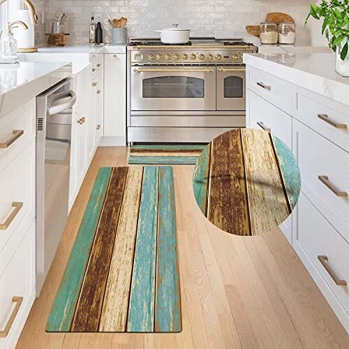 Kitchen Mat 2 PCS Teal Kitchen Rugs and Mats 17.3x47.3+17.3x29.5 Teal  Wood