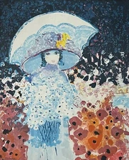 Woman with umbrella in the art nouveau style circa 1980 unreadable signature