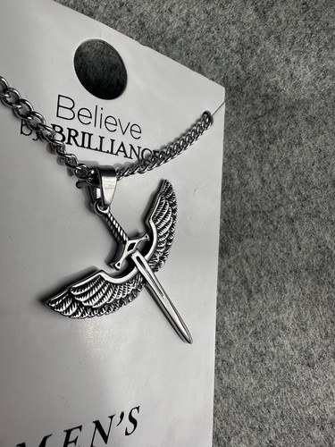 Believe by Brilliance Stainless Steel 24" Necklace Silver Tone Cross with Wings - Picture 3 of 11