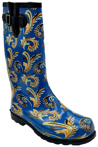 Nomad Womens Pull-On Rain Boots Puddles Blue Paisley