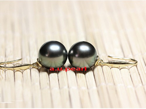 Top 11-12MM round real NATURAL SOUTH SEA black PEARL Dangle EARRINGS 18K gold - Picture 4 of 6