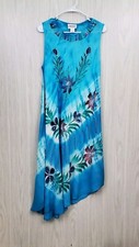 Expressions Sleeveless Beach Sun Dress Coverup A-Line Rayon Turquoise Floral L