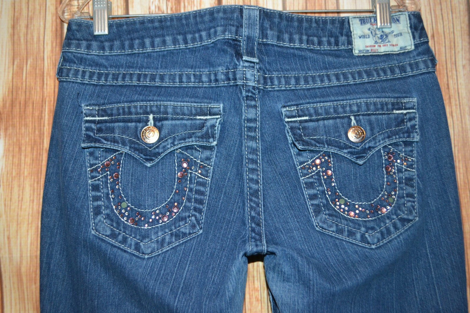 True Religion Women's Billy Straight Pocket Flaps w/gems Blue Jeans Sz 31x31 thumbnail 7